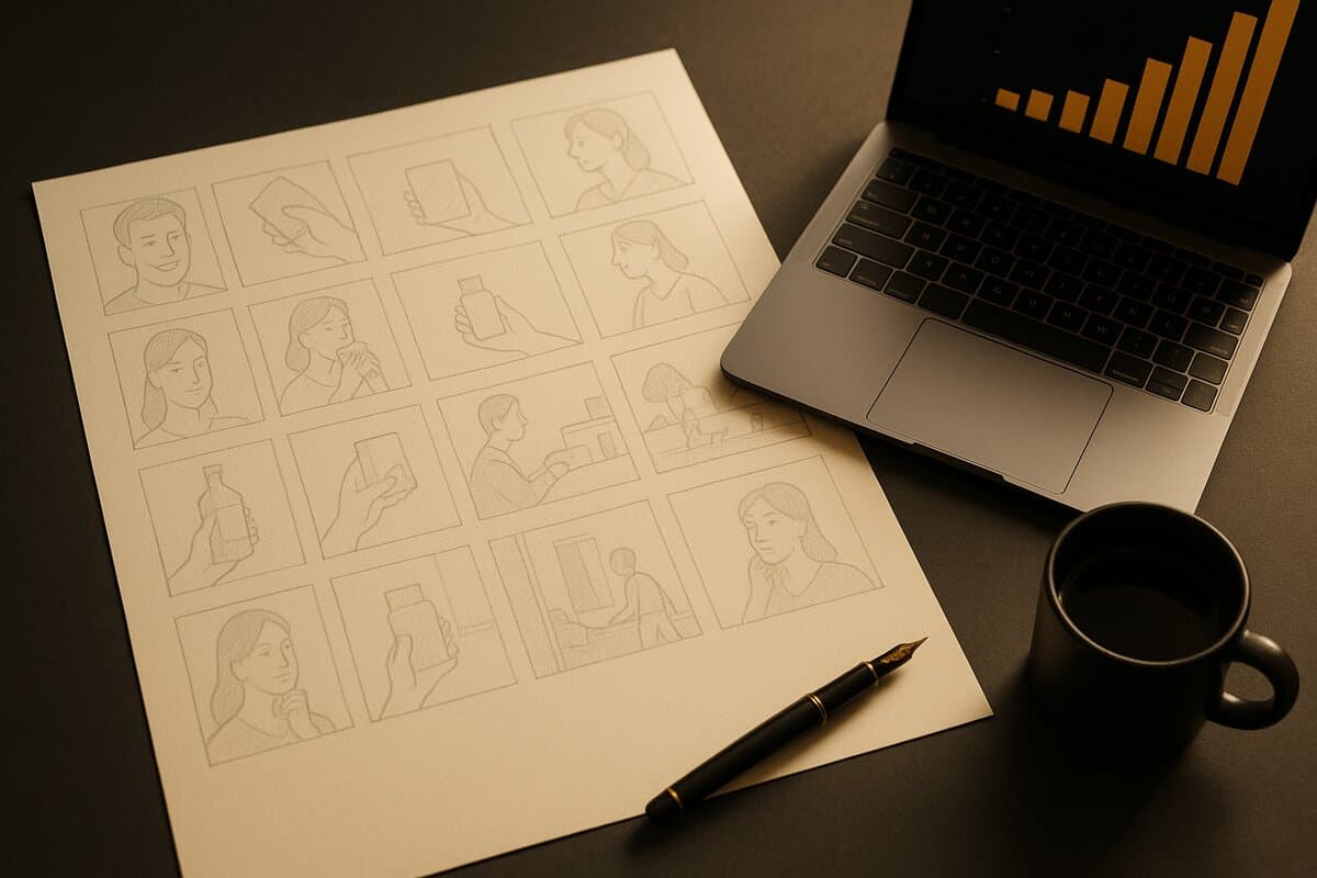 Creative strategist's desk with a storyboard of ad concepts and a performance dashboard