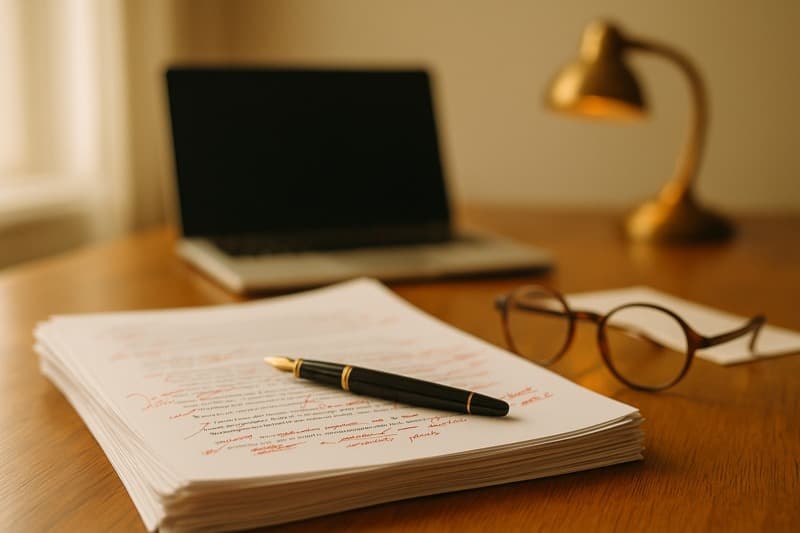 Direct response copywriter's desk with marked-up sales letters and fountain pen